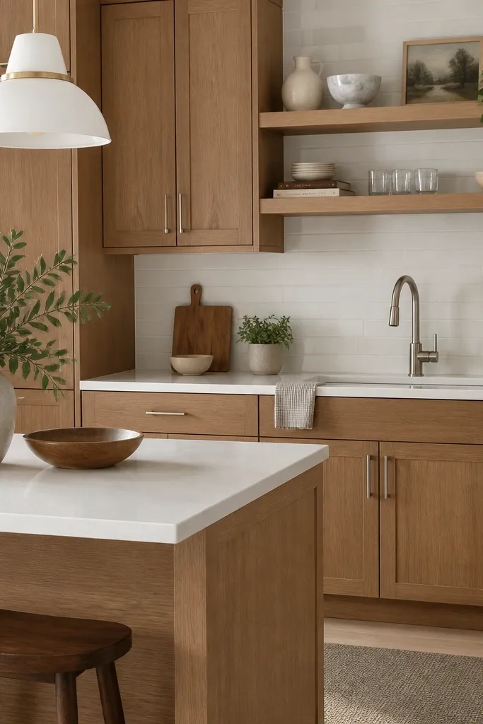 Kitchen with rift white oak cabinets in a warm natural stain, matte finish. Flat-panel doors and a simple shaker drawer front. Brushed nickel bar pulls and a brushed nickel faucet. White quartz countertop and a light subway tile backsplash.