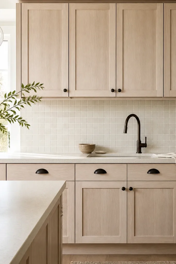 Bright kitchen with light whitewashed rift white oak cabinets. Shaker doors with a very pale, smoky oak grain. Oil-rubbed bronze cup pulls and a bronze gooseneck faucet. Countertops are a creamy off-white with subtle specks. Backsplash is small cream tiles.