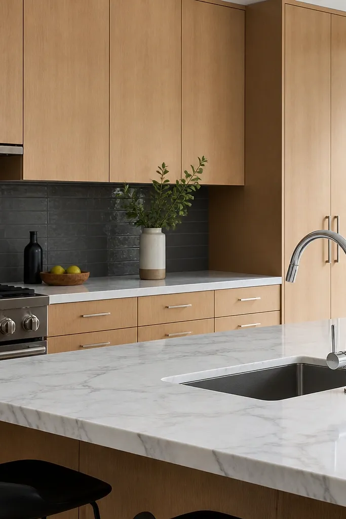 Modern kitchen with medium honey rift white oak cabinets, satin finish. Slim cabinet reveals and flat-panel doors. Polished chrome pulls and a polished chrome faucet. White-and-gray quartz counters. Dark gray glass backsplash accents.