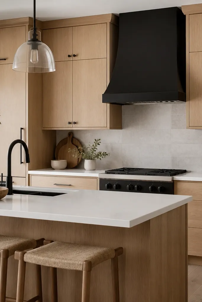 Kitchen with rift white oak cabinets in a natural stain, matte finish. Blackened steel pulls and knobs. Black faucet and a black range hood. Countertops are white quartz. Backsplash is light gray large-format tile.
