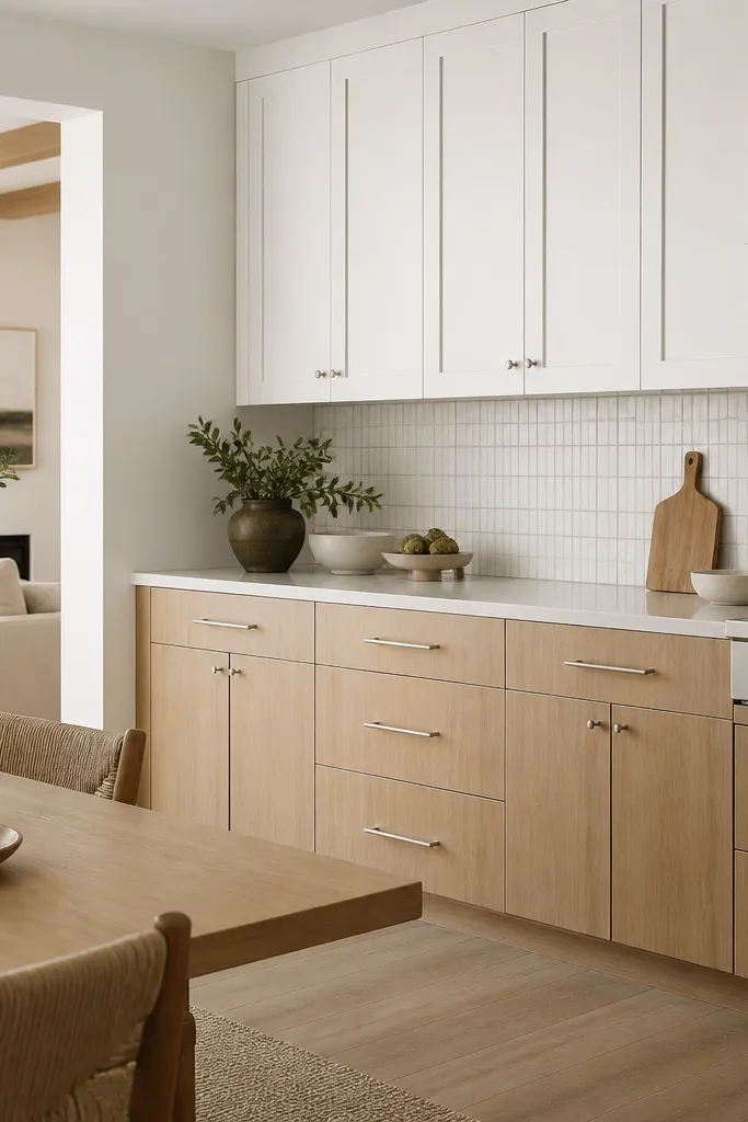 Dining-adjacent kitchen with rift white oak lower cabinets and painted white upper cabinets. White shaker uppers with simple knobs. Oak base has bar pulls in brushed nickel. Countertops are light. Backsplash is white with thin gray grout.
