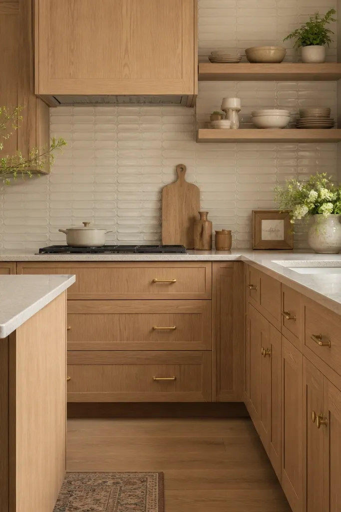 Kitchen with rift white oak cabinets, satin finish, warm natural stain. Creamy beaded subway tile backsplash with rounded edges. Antique brass pulls and a cream faucet. Light granite or quartz countertop.