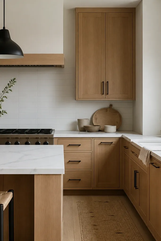 Kitchen with rift white oak cabinets in natural stain, matte finish. Carrara-style white countertop with gray veining. Satin black faucet and black cabinet hardware accents. Simple white backsplash.