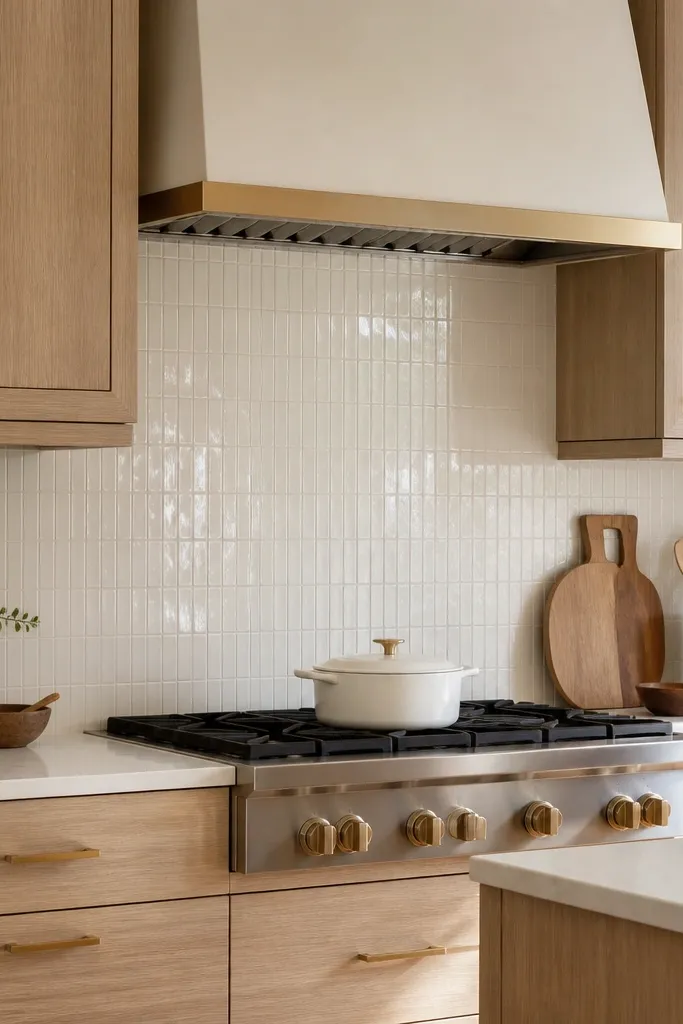 Kitchen with rift white oak cabinets, rift grain visible, satin finish. Warm white glass tile backsplash behind the range. Brass hardware and a brass trim on the hood. White quartz countertop.
