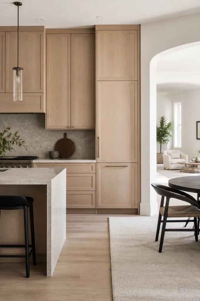 Kitchen with rift white oak cabinets featuring deeper recessed panels and larger door proportions. Matte finish. Minimal hardware: long slim pulls in brushed nickel. Large open dining area with a statement pendant.