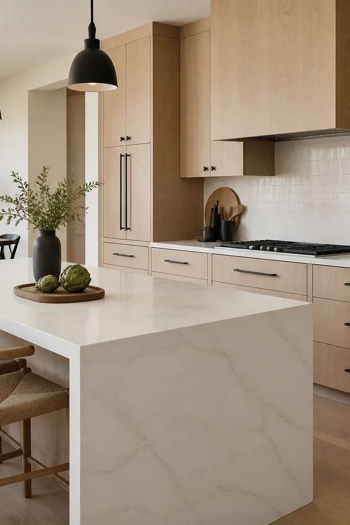 Kitchen with rift white oak cabinets and a waterfall island edge in white quartz. Black bar pulls and black pendant lights above the dining area. Cabinet finish is satin. Backsplash is white tile.