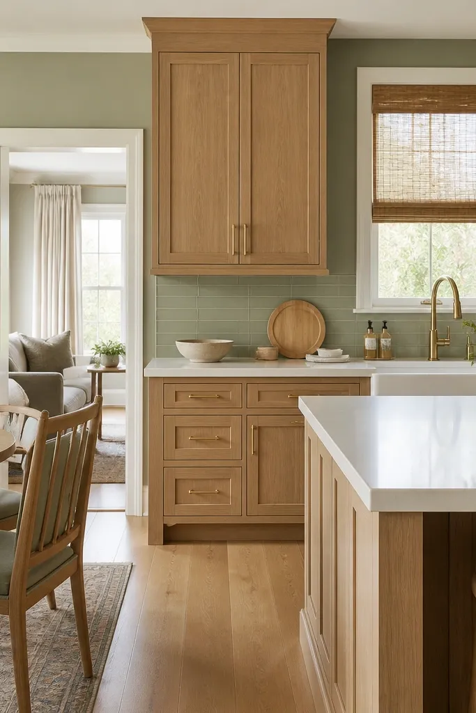 Kitchen painted soft sage around the cabinets. Rift white oak cabinets with warm natural stain, satin finish. Brass pulls and a brass faucet. White quartz countertop. Dining area shows sage cushions and a brass table lamp.
