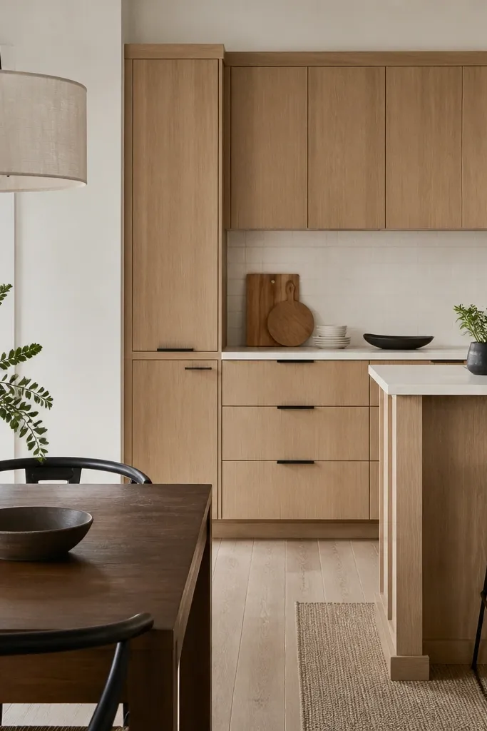 Kitchen with rift white oak cabinets, matte finish, light natural stain. Black hardware is minimal. Dining area shows a dark walnut table and linen pendant shades. White countertop and light backsplash.