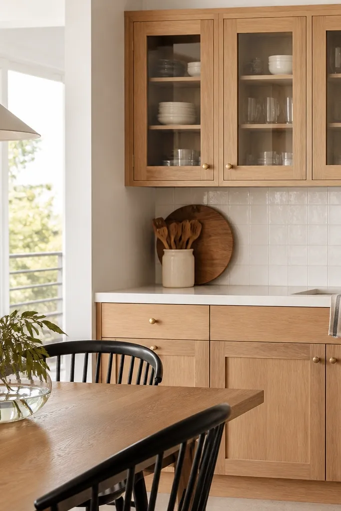 Kitchen with rift white oak uppers that have clear glass door inserts. Lower cabinets are solid oak. Brushed brass knobs. White countertop and light backsplash. Dining area has a glass bowl centerpiece.