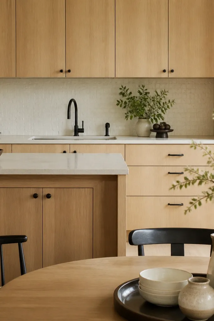 Kitchen with rift white oak cabinets, satin finish. Textured ivory ceramic tiles on the backsplash with subtle raised dots. Black hardware and a matte black faucet. Dining area shows ivory ceramics on a tray.