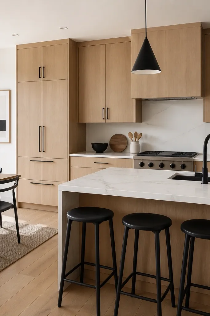 Kitchen with rift white oak cabinets in light stain, matte finish. Matte black hardware and a matte black faucet. White marble-effect countertop with gray veining. Minimal white backsplash. Dining area has black-framed chairs.
