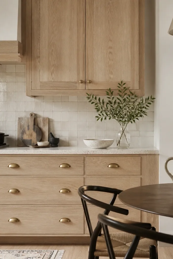 Kitchen with rift white oak cabinets, satin finish. Brass cup pulls on drawers and doors. Speckled off-white countertop with beige flecks. Backsplash is cream tile. Dining area shows a speckled ceramic pitcher.