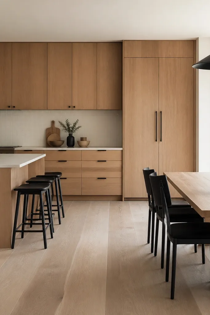 Kitchen with rift white oak cabinets, natural stain, matte finish. Black hardware accents and a simple white backsplash. Dining area has an oversized black pendant with a wide shade over the table.