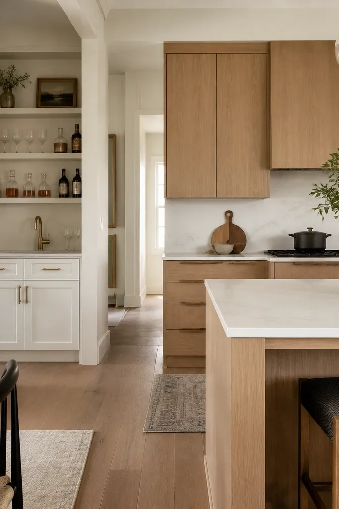 Kitchen plus wet bar area. Rift white oak cabinets in kitchen with natural stain and matte finish. Wet bar cabinets are painted white with brass pulls. Countertop is white quartz. Dining area has a bar cart with glassware.