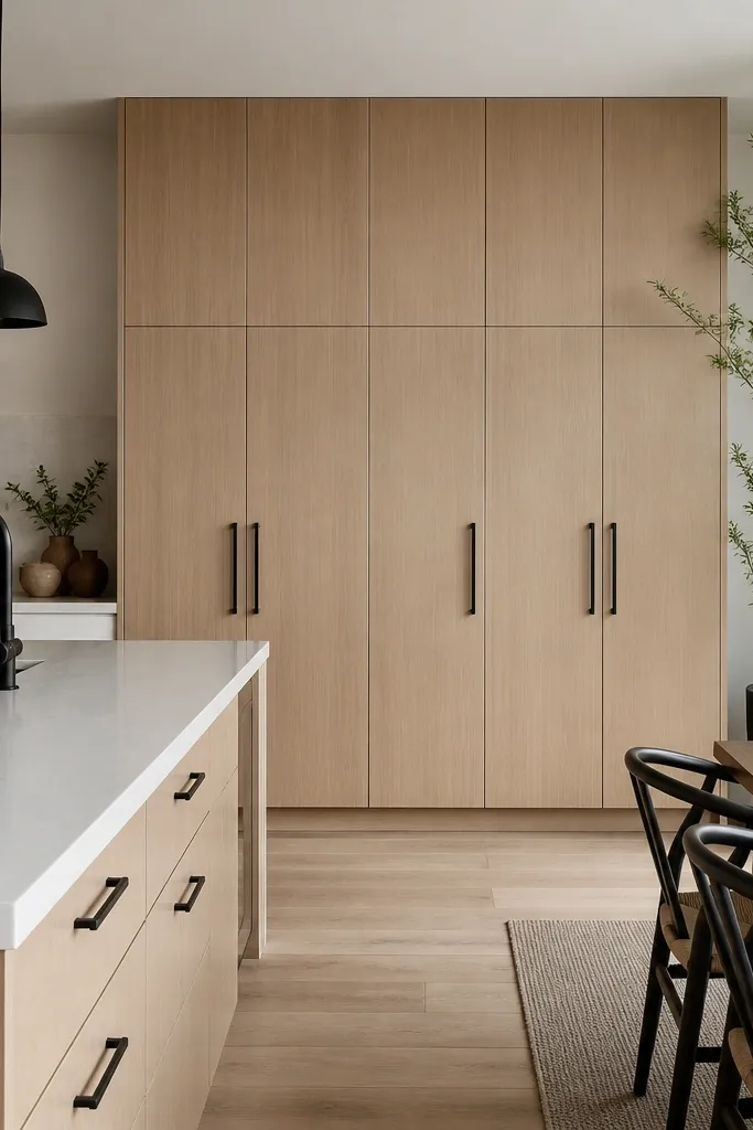 Kitchen with floor-to-ceiling pantry in rift white oak. Grain lines continue from cabinet doors into the pantry. Matte finish. Black pulls and a white quartz countertop. Dining area shows tall plants near pantry wall.
