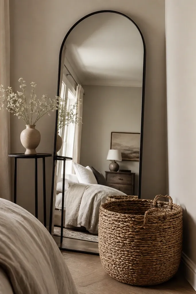 A tall arched mirror leans in the bedroom corner. On the floor in front sits a large woven seagrass basket. A small ceramic vase with white stems rests on a narrow side table beside the mirror.