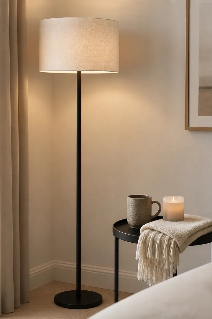 A slender floor lamp stands in the corner with a light linen drum shade. A small round tray table sits nearby holding a ceramic mug, a candle, and a folded ivory throw.