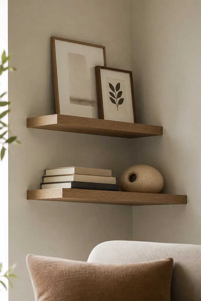 Two floating shelves are mounted on the corner wall, one slightly higher than the other. Small framed prints sit on the top shelf, and a stack of books plus a ceramic sculpture sits on the lower shelf.