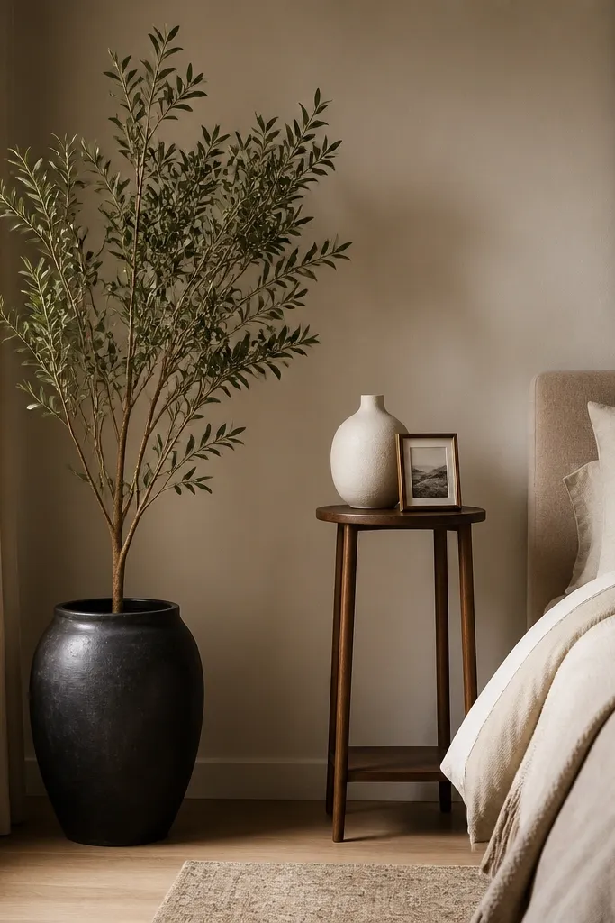 A tall indoor plant in a dark ceramic pot stands in the bedroom corner. Next to it is a slim wooden side table holding a white vase and a small framed photo.