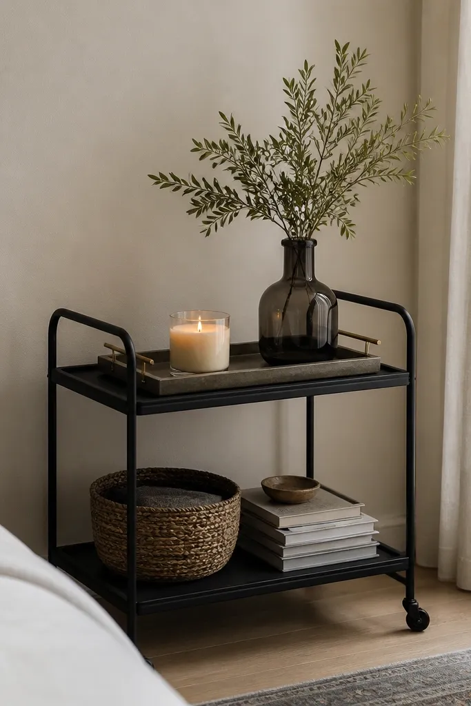 A small black bar cart sits in the bedroom corner. The top shelf holds a tray with a candle and a vase. The lower shelf has a basket and a book stack.
