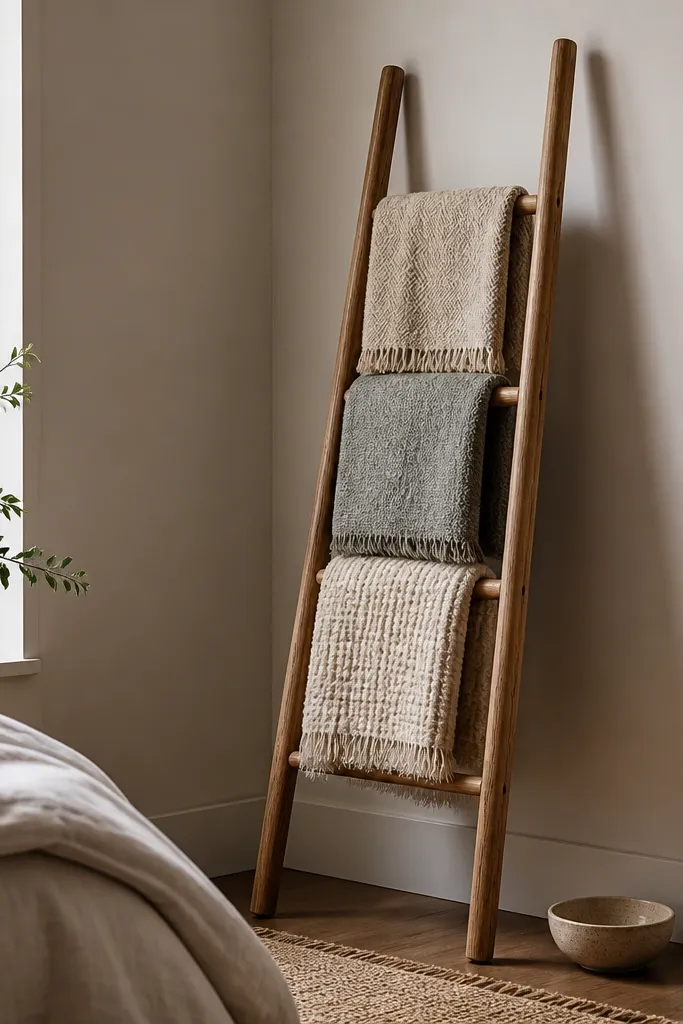 A slim wooden throw ladder leans in the bedroom corner. Three folded blankets are draped across rungs, and a small ceramic bowl sits on the floor near the base.