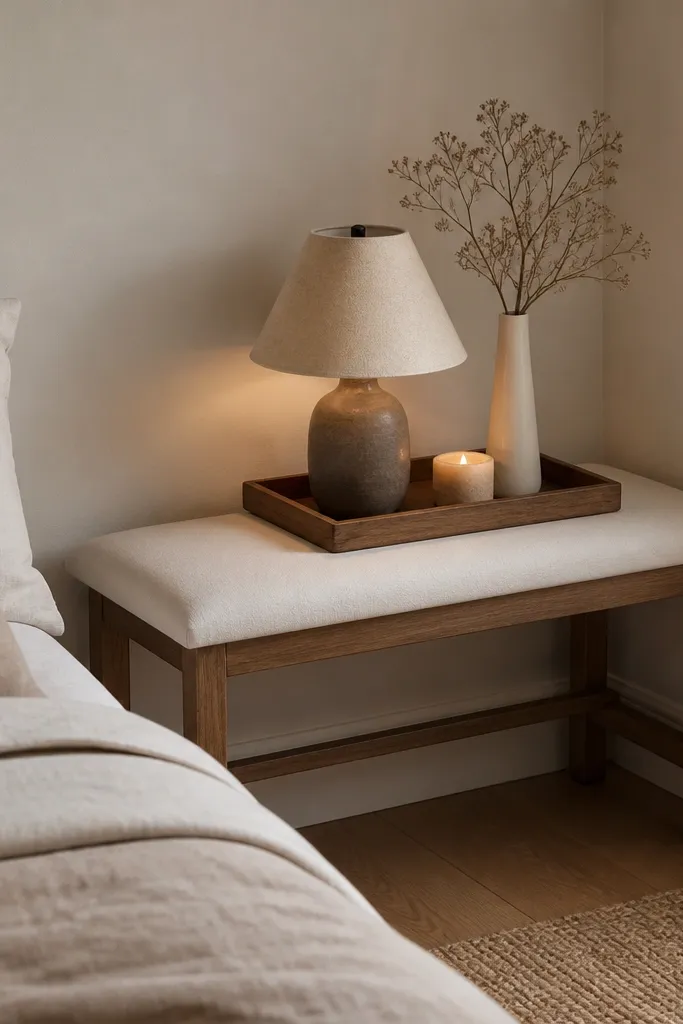 A narrow bedroom bench sits in the corner with a light cushion. A wooden tray on top holds a small lamp, a candle, and a slim vase.