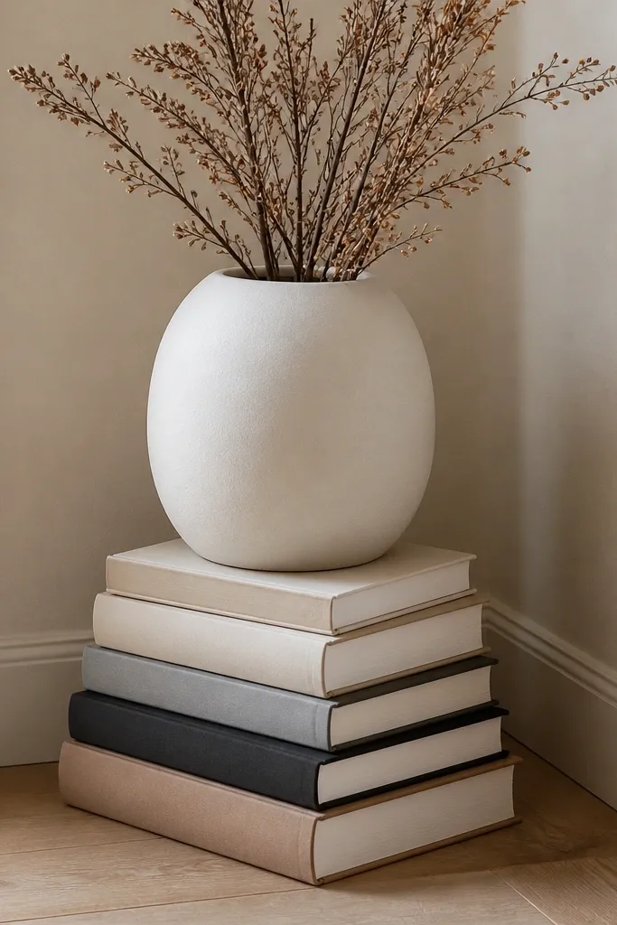 A stack of large books sits on the floor in the corner. On top is an oversized ceramic planter in matte white, with a small arrangement of dried branches.