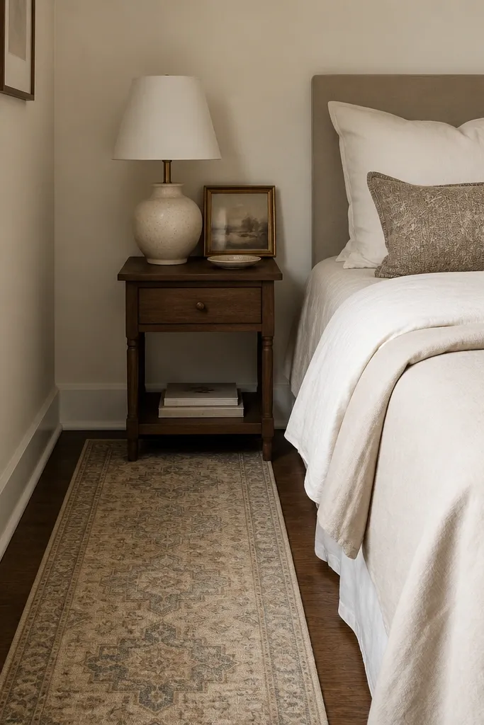 A small rug runner extends from the bedroom corner toward the bed. A tiny nightstand sits at the corner with a lamp and a small framed print.