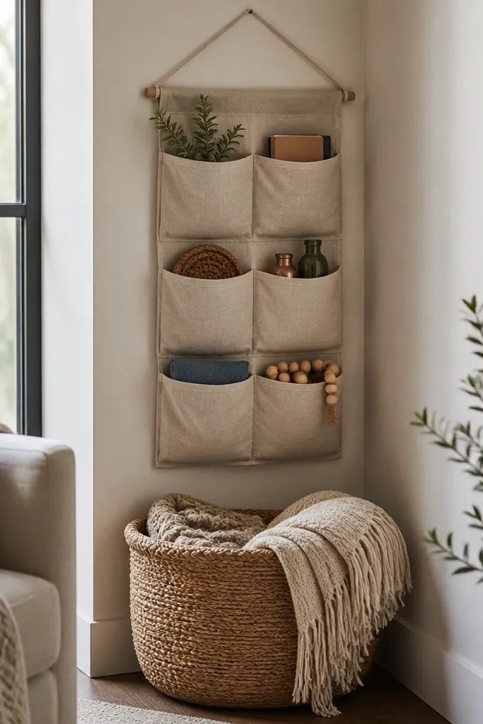 A fabric hanging wall pocket is mounted on the corner wall, with small items visible in sections. Below it, a large floor basket holds extra throws.