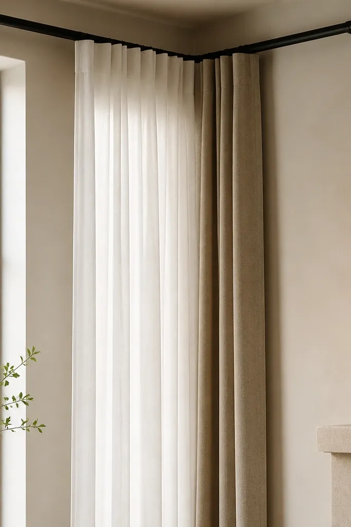A curtain rod is mounted across the corner area with a single panel hanging down. The fabric is a sheer white layer with a thicker linen panel behind it.