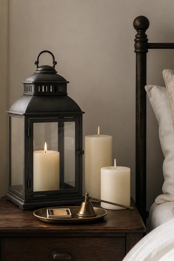 A metal lantern sits in the bedroom corner on a small table. Two pillar candles of different heights stand nearby, and a small tray holds matches and a candle snuffer.