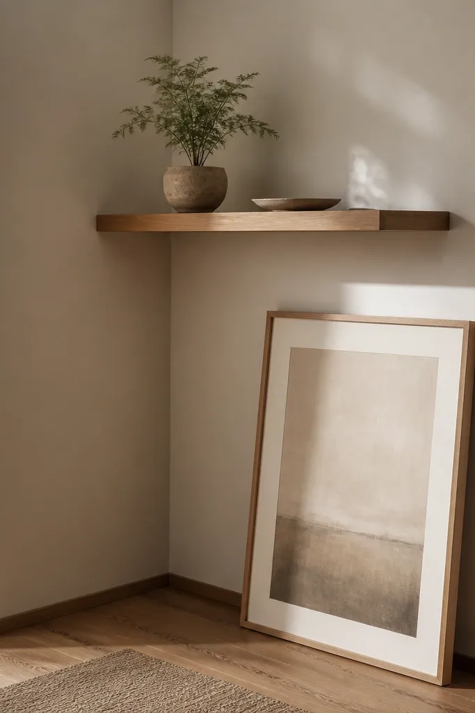 A single floating shelf sits near the corner. A large leaning picture frame rests on the floor against the wall, and the shelf holds a small plant and a ceramic tray.