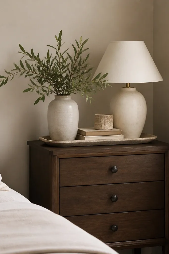 A standard nightstand is placed in the corner with a lamp. On top, a long tray holds a vase, a small stack of books, and a linen-wrapped candle.