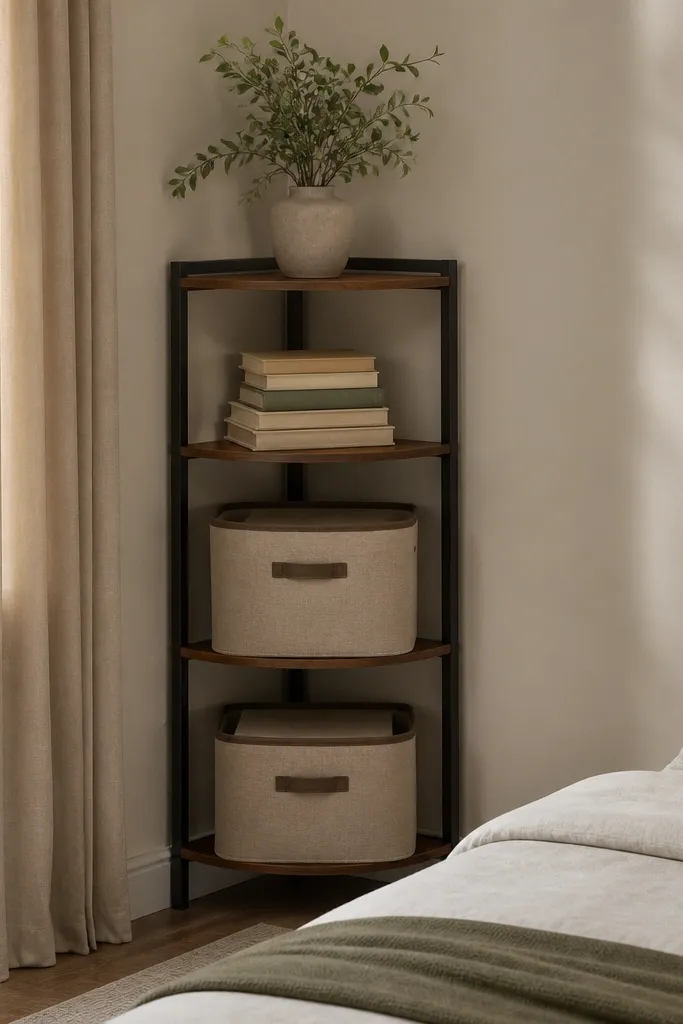 A small corner shelving unit sits in the bedroom corner. Lower shelves have closed fabric baskets, and the top shelf has an open stack of books with a single vase.