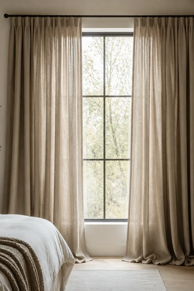 A bedroom window with wide, floor-length curtains in warm taupe linen. The rod is mounted above the window, and the panels pool slightly at the bottom. Light creates soft folds down both sides.