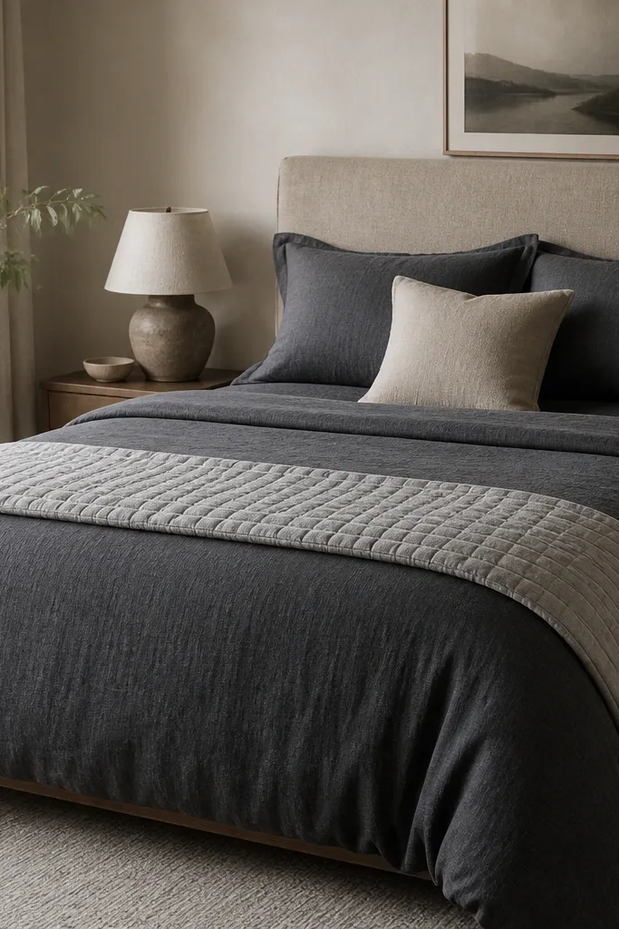 A bed dressed in a solid charcoal duvet cover with a subtle woven texture. A light gray quilted throw is layered at the foot, and two matching pillow shams sit under a single accent pillow in oatmeal.