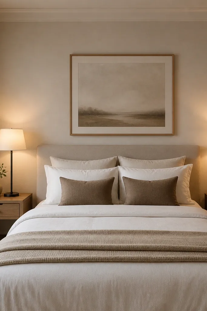 A bedside table on each side of the bed. Each has a slim black lamp with a cream shade, both lit with warm light. The walls behind show soft, even glow instead of harsh shadows.
