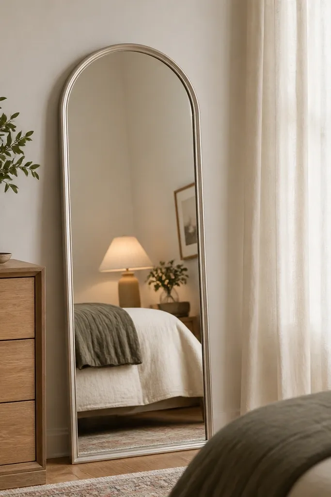 A tall, arched mirror with a brushed nickel frame leaning against a wall near a dresser. The reflection shows a neatly folded blanket and a lamp glow, making the room look larger.