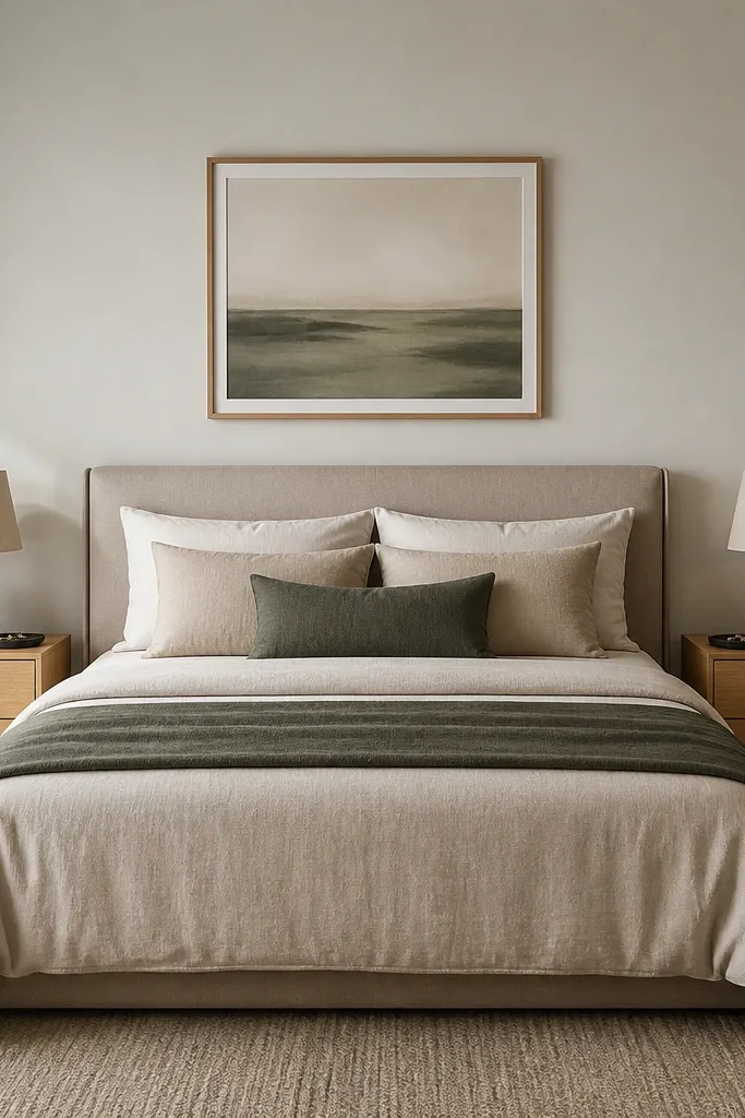 Two matching bedside tables in light oak with black legs. Each table is the same height as the bed edge, holding a lamp and a small tray for keys.