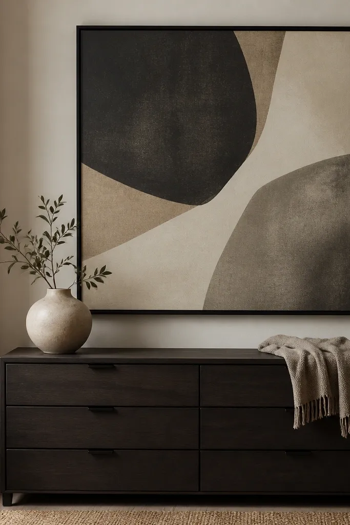 A large framed abstract print above a low dresser. The frame is matte black, and the art uses muted charcoal, sand, and a small warm gray gradient. The dresser has a simple vase and a folded throw.