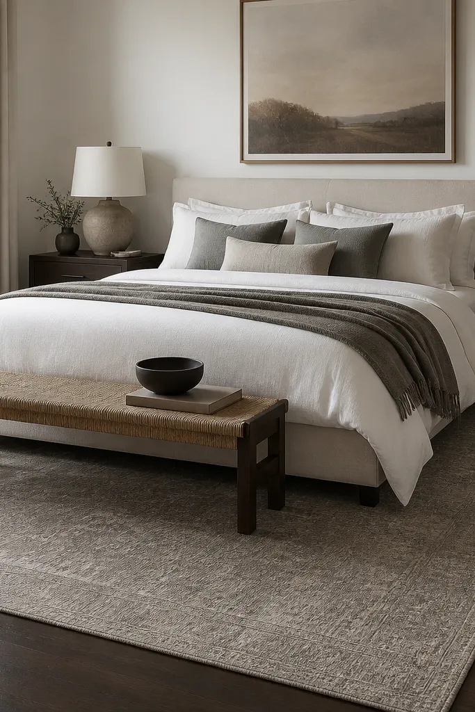 A low-pile rug in warm gray with subtle patterning under a bed. The rug extends beyond the bed width, and the edges create clean lines against dark hardwood floors.