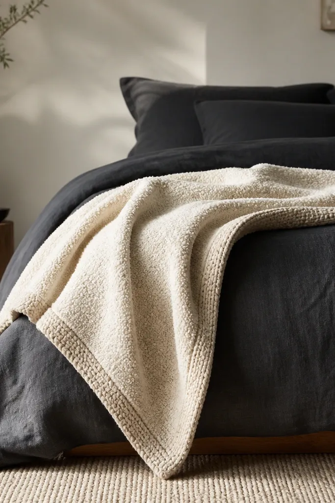 A bed with a charcoal duvet and a throw draped over the side, one corner hanging down. The throw is boucle cream with a chunky knit edge, and it catches light softly.