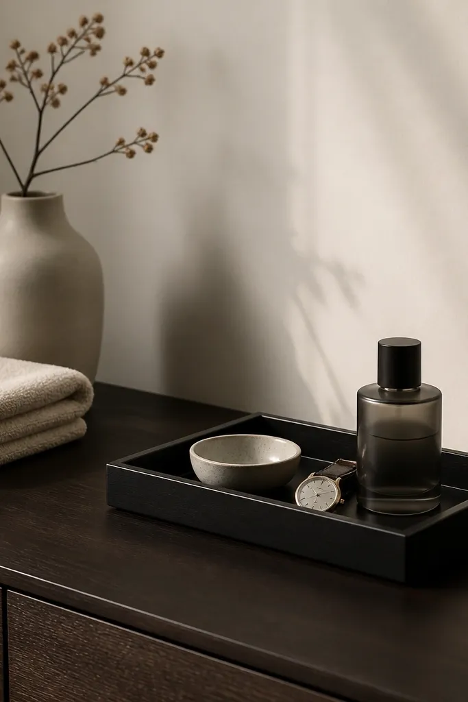 A black tray on a dresser holding a small ceramic bowl, a watch, and a simple bottle. The rest of the dresser is mostly clear with a neatly folded towel and a neutral vase.