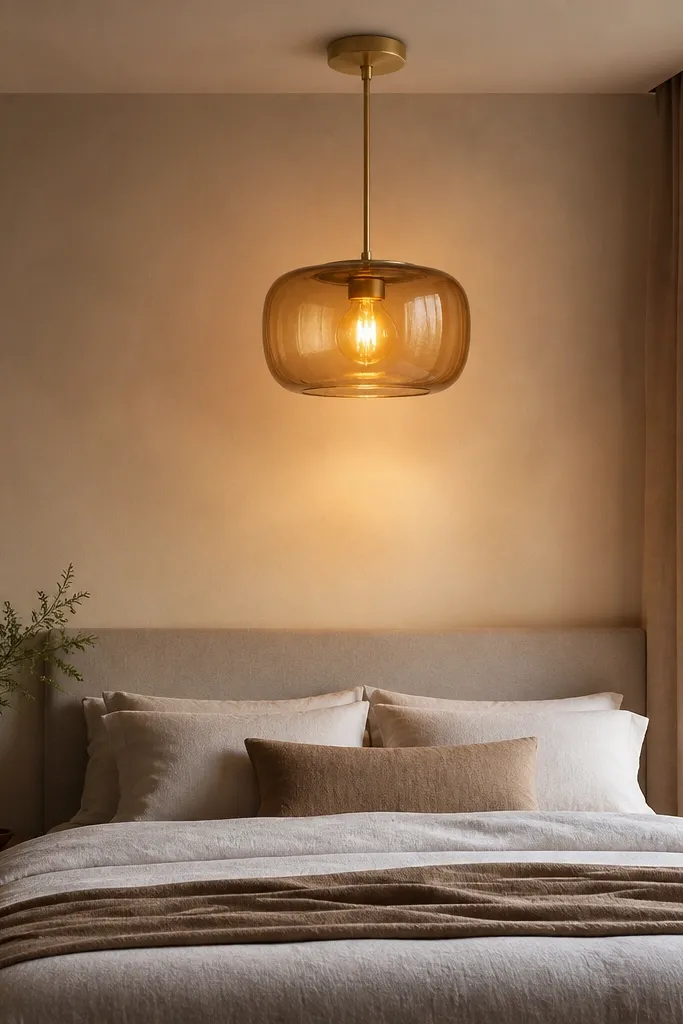 A modern ceiling light with a warm glass shade in amber-tinted tones. It hangs centered above the bed area, casting a soft glow on the wall behind.