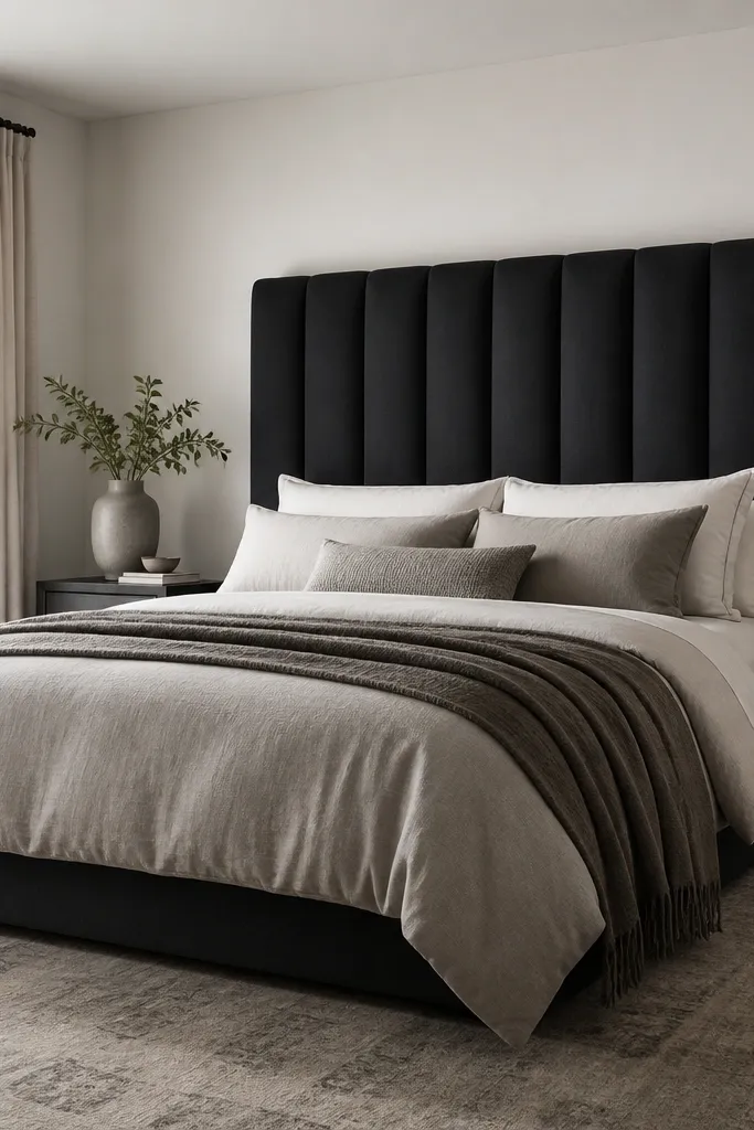A bed with a tall upholstered headboard in deep charcoal against light off-white walls. The base is low and dark, and the bedding is layered with warm gray accents.