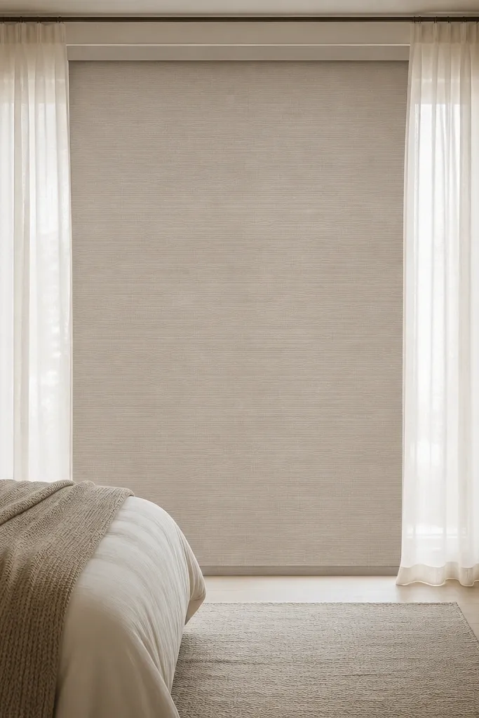 A bedroom window with a light taupe roller shade inside the frame, with sheer curtains on the outside. The top is aligned cleanly and the bottom reaches the floor.