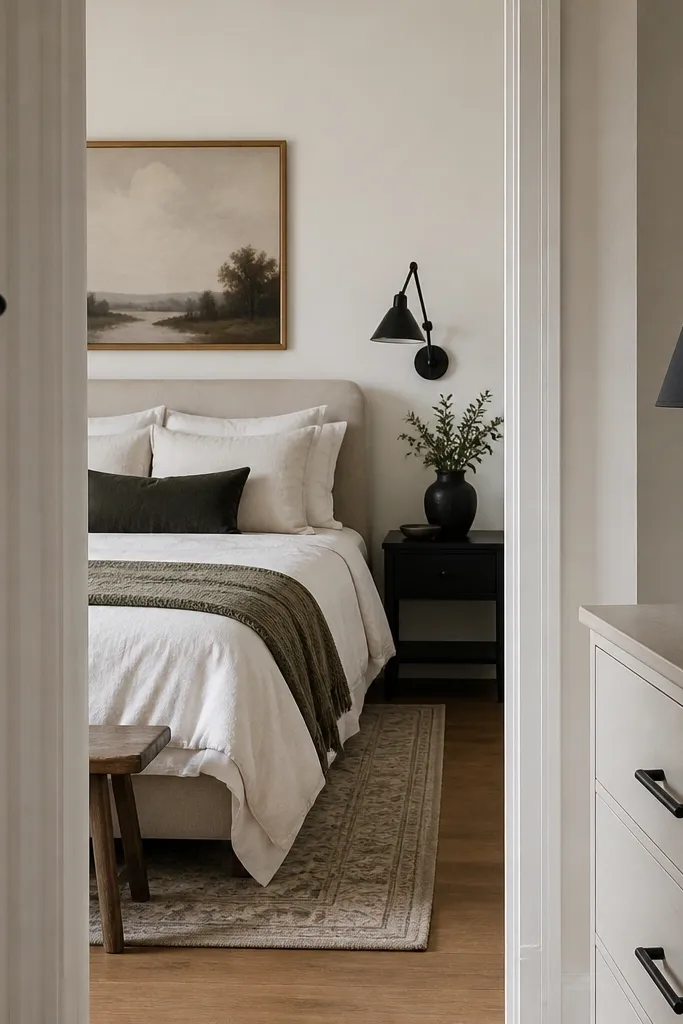 A drawer pull in matte black, a black lamp base, and a black wall hook near the entrance. The bedroom looks coordinated through repeated black accents.