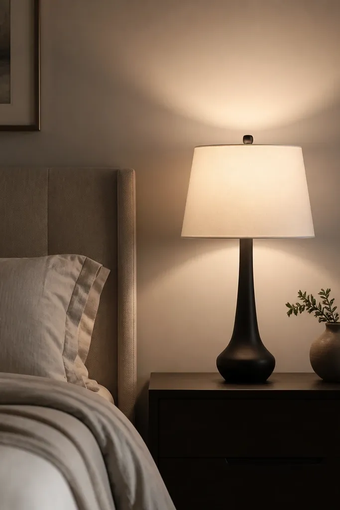 A bedside lamp with a tapered drum shade in warm white. The base is simple and dark, and the shade casts a soft oval of light on the wall.