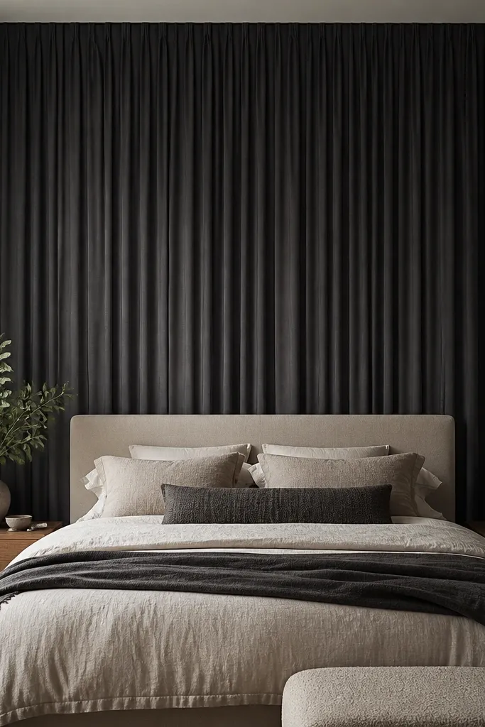A bed with a tall backdrop curtain behind the headboard in deep gray, creating a full wall panel effect. The curtain is straight and falls cleanly with minimal wrinkles.