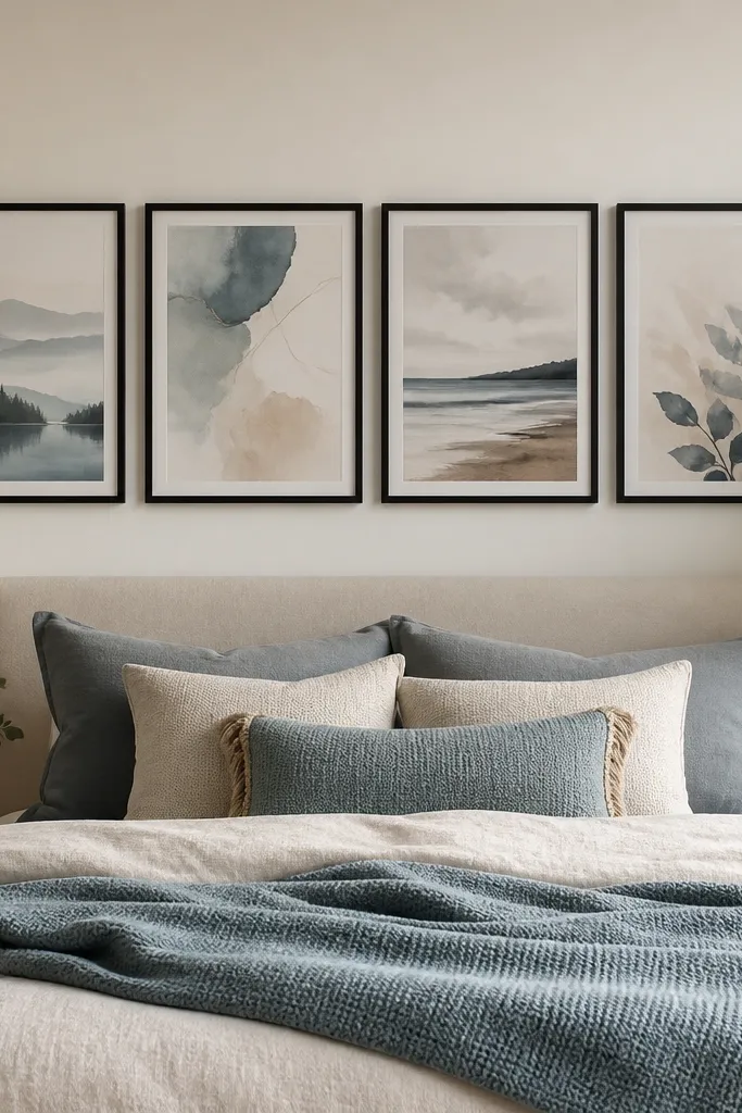 A bedroom wall with four framed prints in identical matte black frames. The spacing between frames is consistent, and the art colors match the bedding palette.